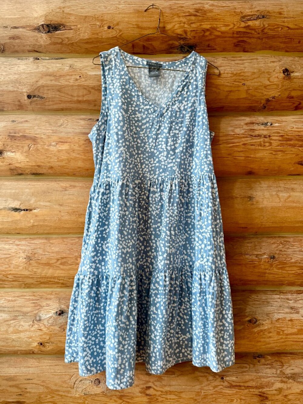 Matty M Sleeveless Tiered Flare Linen Blue and White Dress